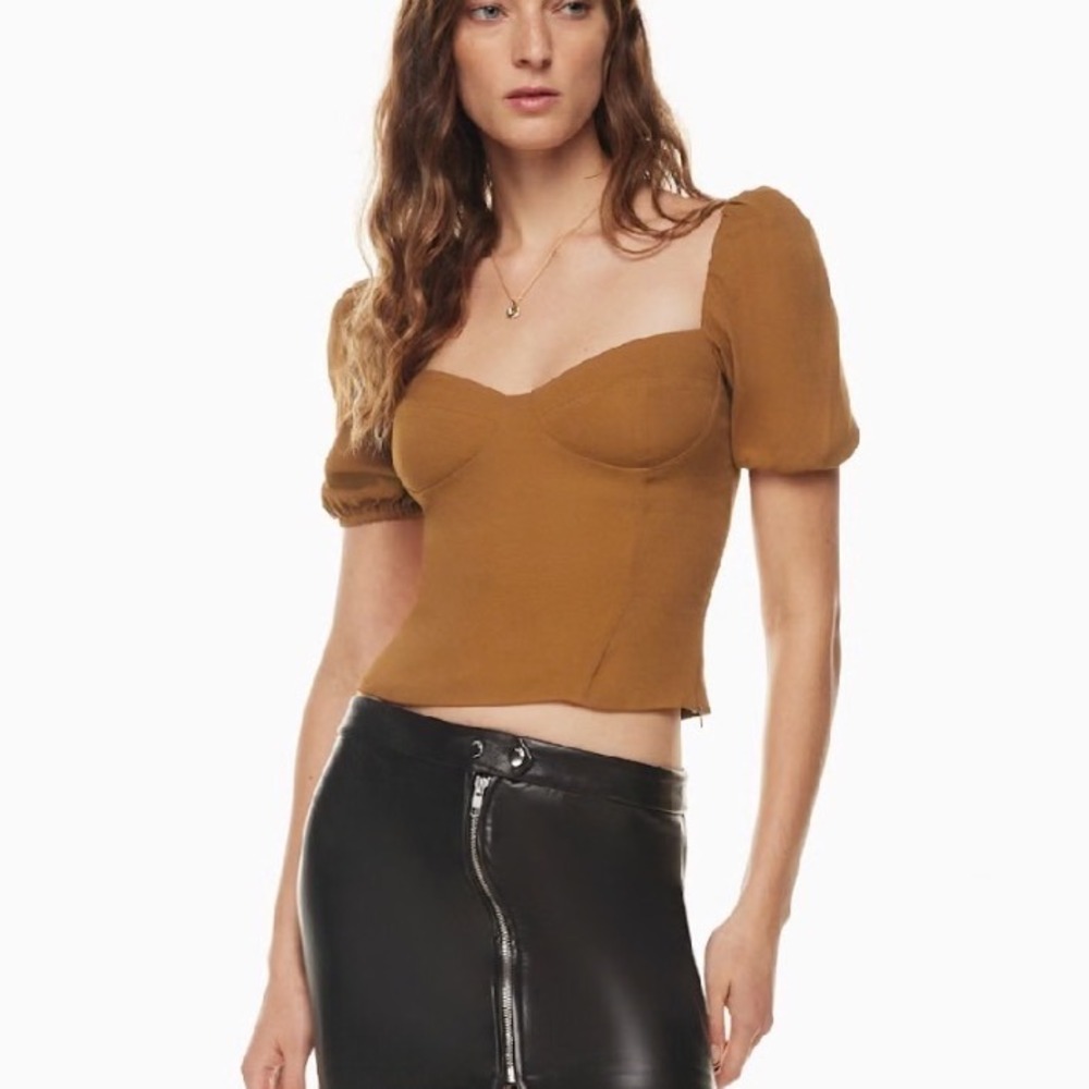 Wilfred Aritzia Brown Puff Sleeve Bustier Blouse Smocked Back Sweetheart Top‎ M